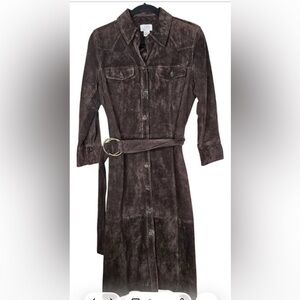 Vintage Y2K Ann Taylor LOFT Brown Suede Leather Shirt Dress | Belted Midi | Sz 2